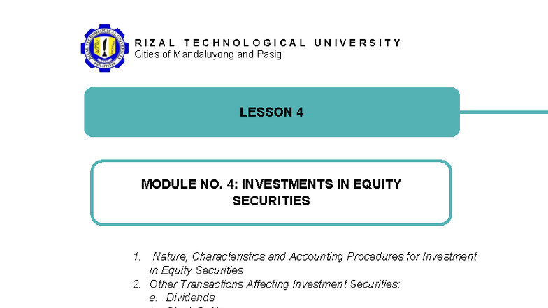 RIZAL TECHNOLOGICAL UNIVERSITY Module 4: Investments in Equity ...
