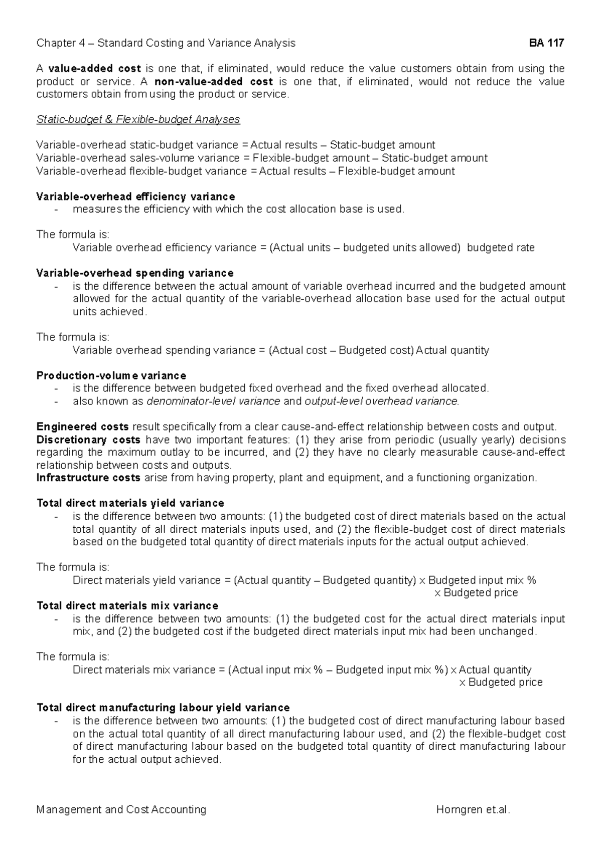 BA 117: Chapter 4 Notes on Standard Costing & Variance Analysis - Studocu