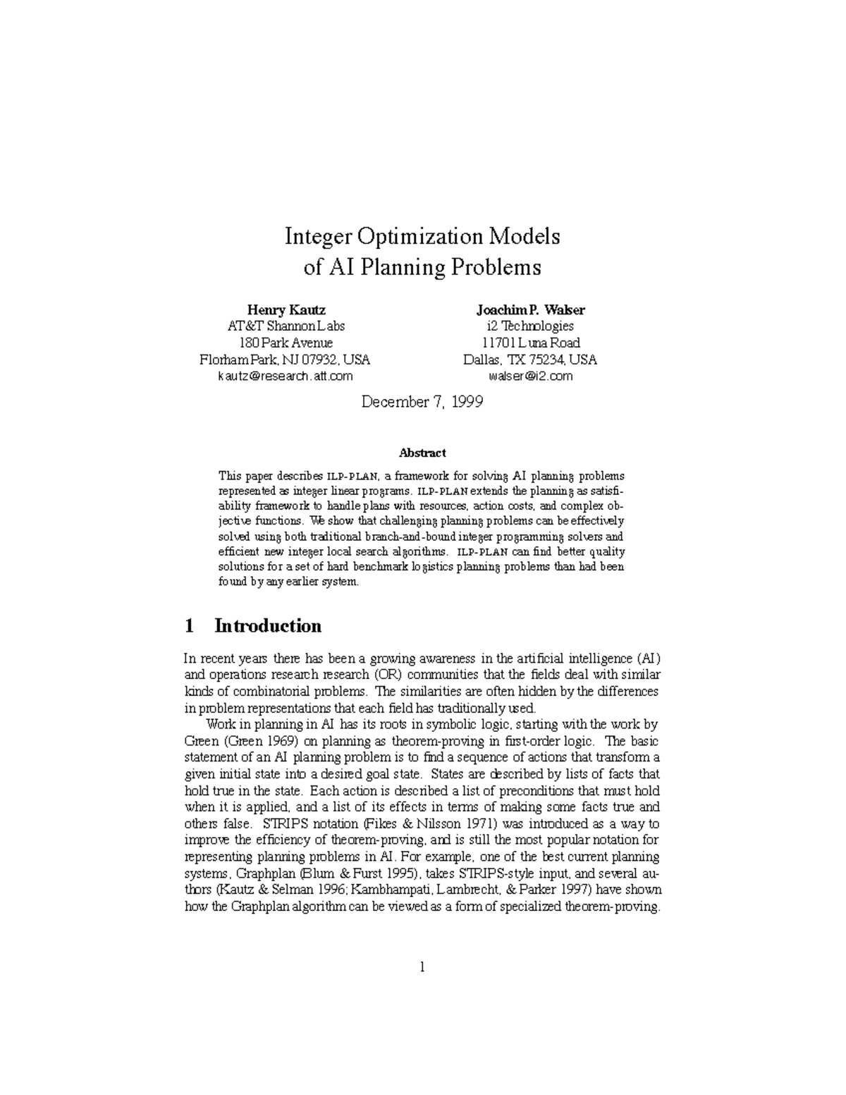 ILP PLAN: Integer Optimization Models for AI Planning Problems - Studocu