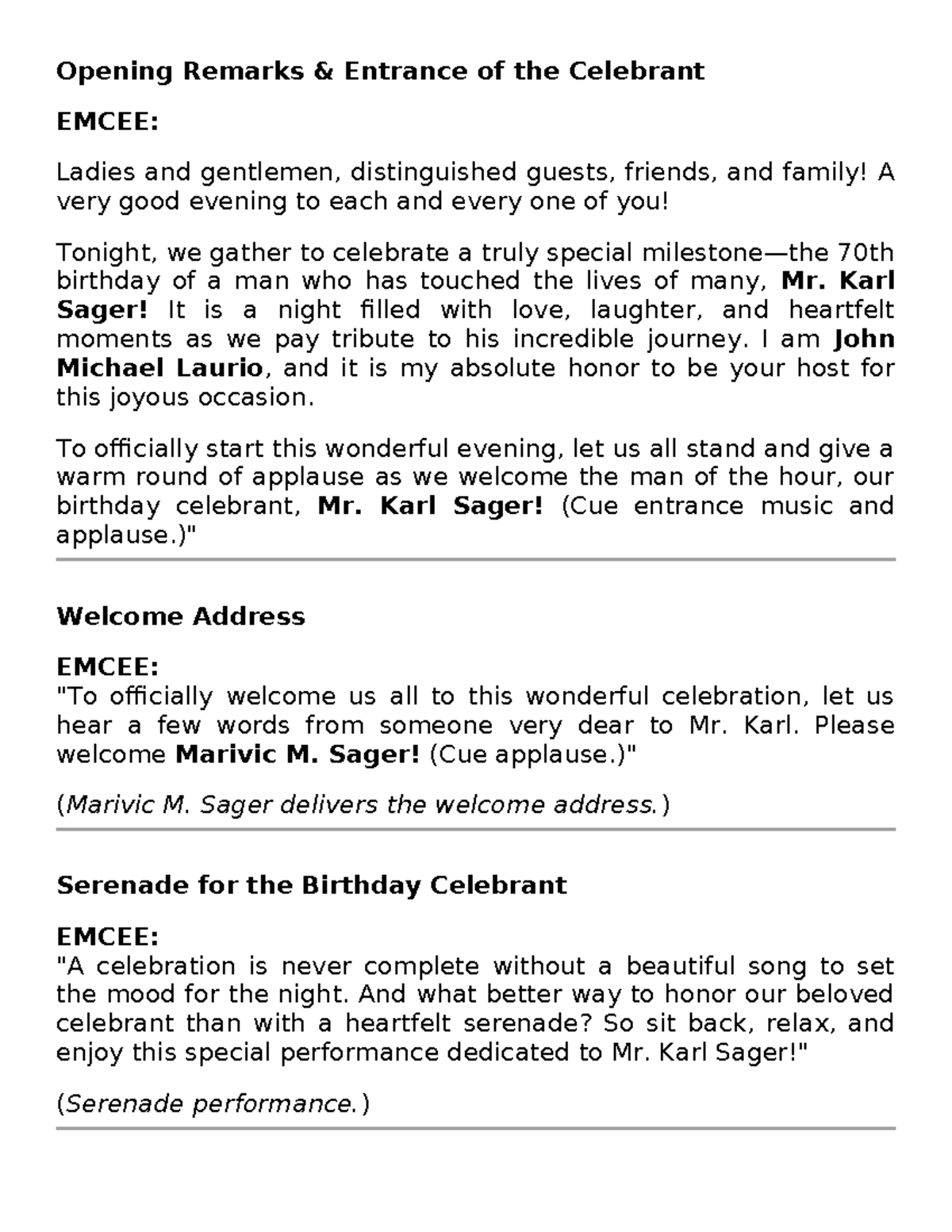Karl Sager's 70th Birthday Celebration Script - Studocu