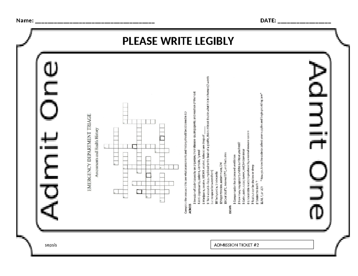 alcohol tobacco drugs crossword answer key Admit Ticket #2 Sepsis crossword puzzle - 27239 - Name: DATE: