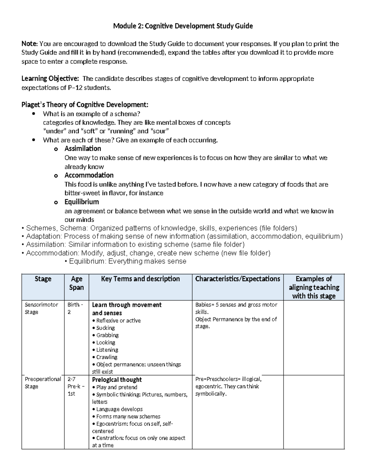 D094 Module 2 Study Guide - Module 2: Cognitive Development Study Guide ...