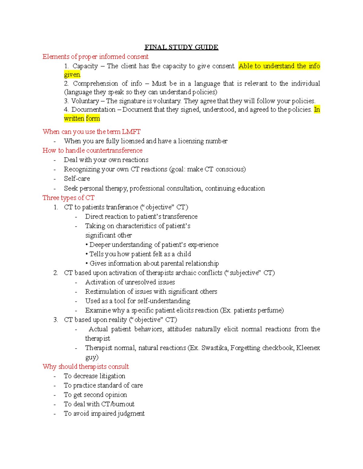 Psy 623 - Final Study Guide on Informed Consent and Therapy Ethics ...