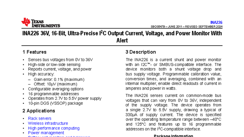 INA226 36V I2C Current, Voltage & Power Monitor Datasheet (Rev. B ...