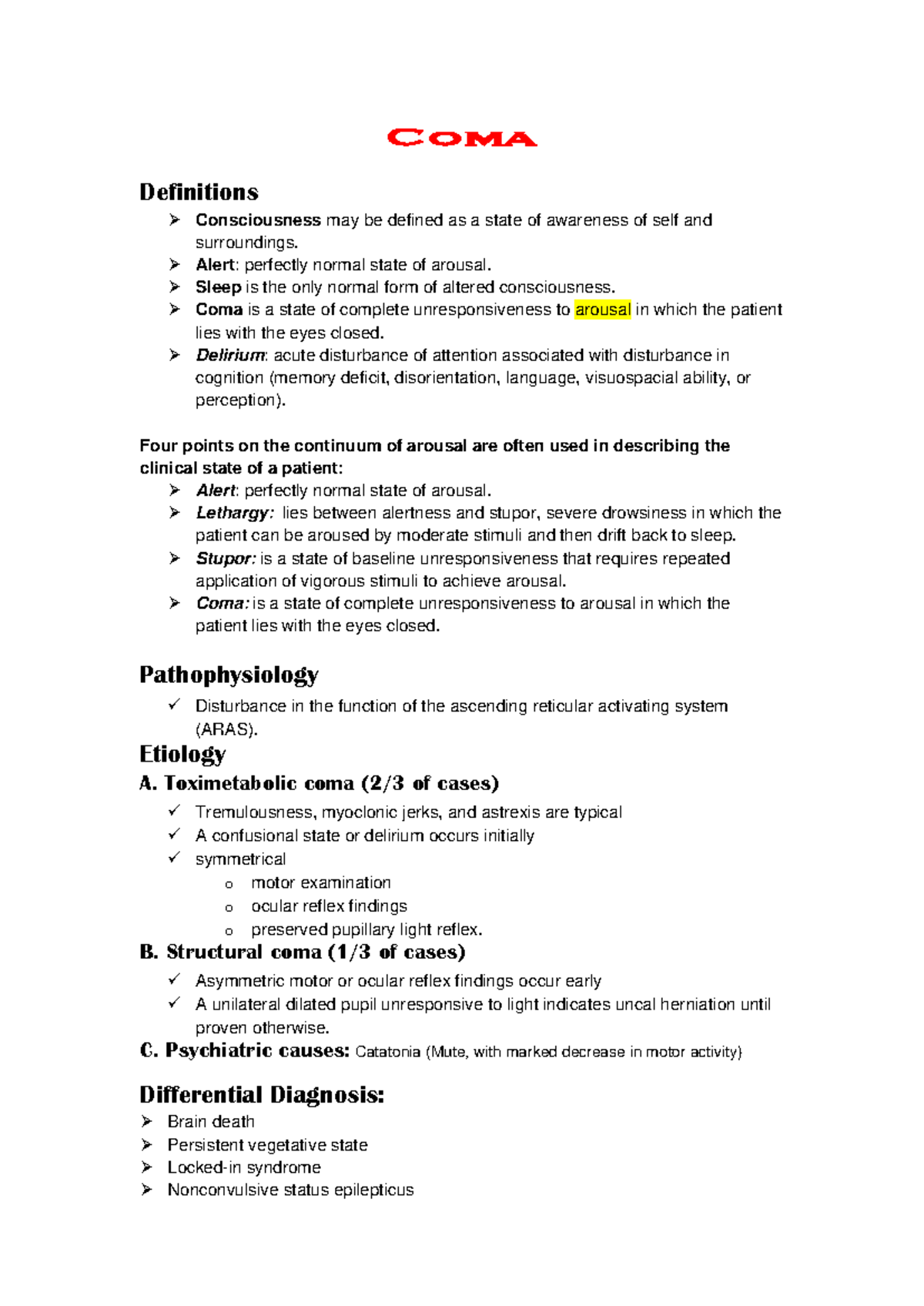 CNS Coma: Definitions, Etiology, Pathophysiology, and Diagnosis - Studocu