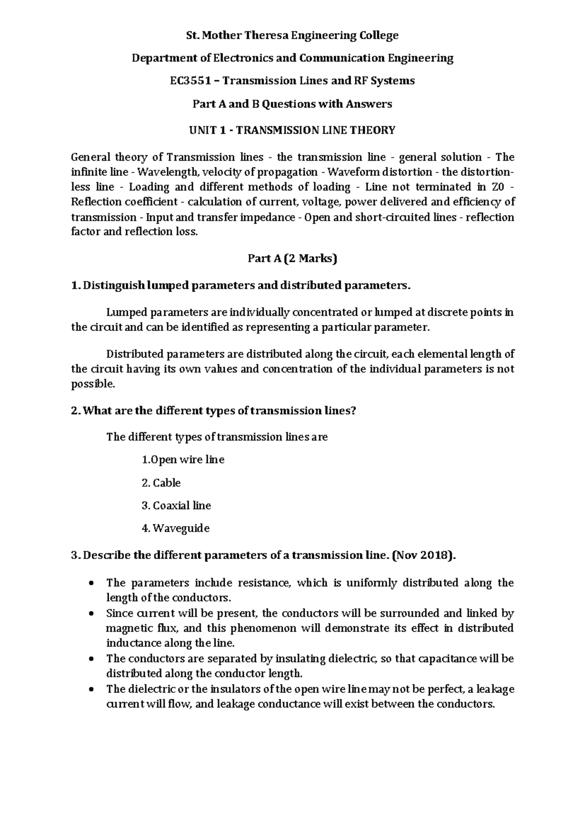 EC3551 Transmission Lines & RF Systems: Unit 1 Notes and Q&A - Studocu