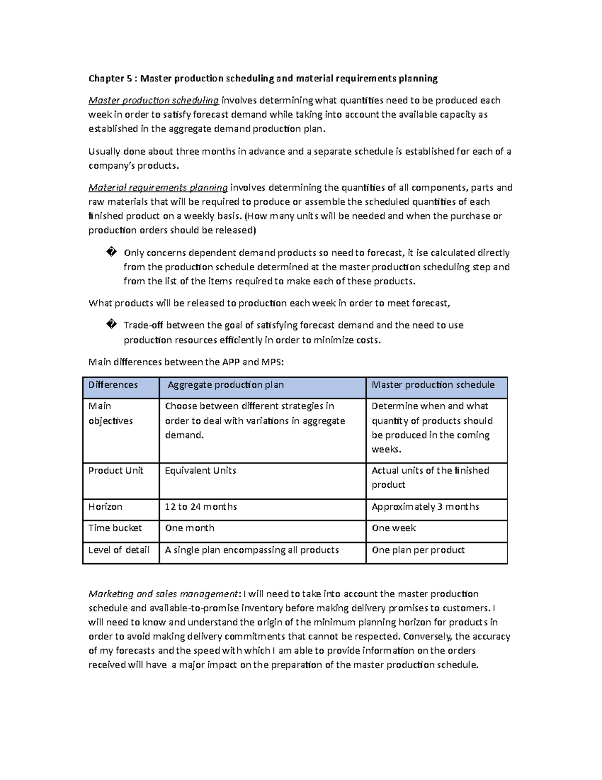 Chapter 5 and 7 - Chapter 5 : Master production scheduling and material ...