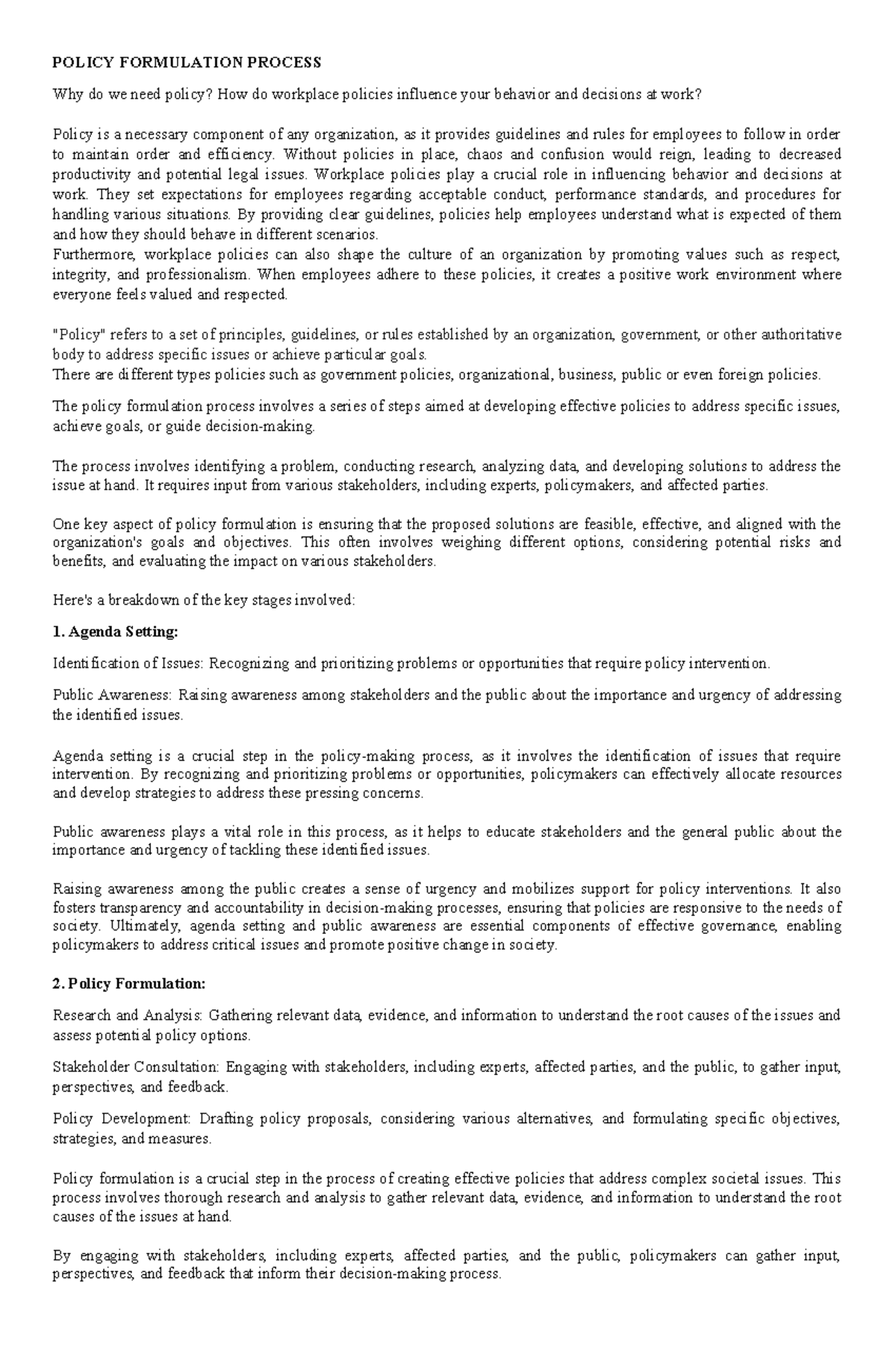 Policy-Formulation-Process - POLICY FORMULATION PROCESS Why do we need ...