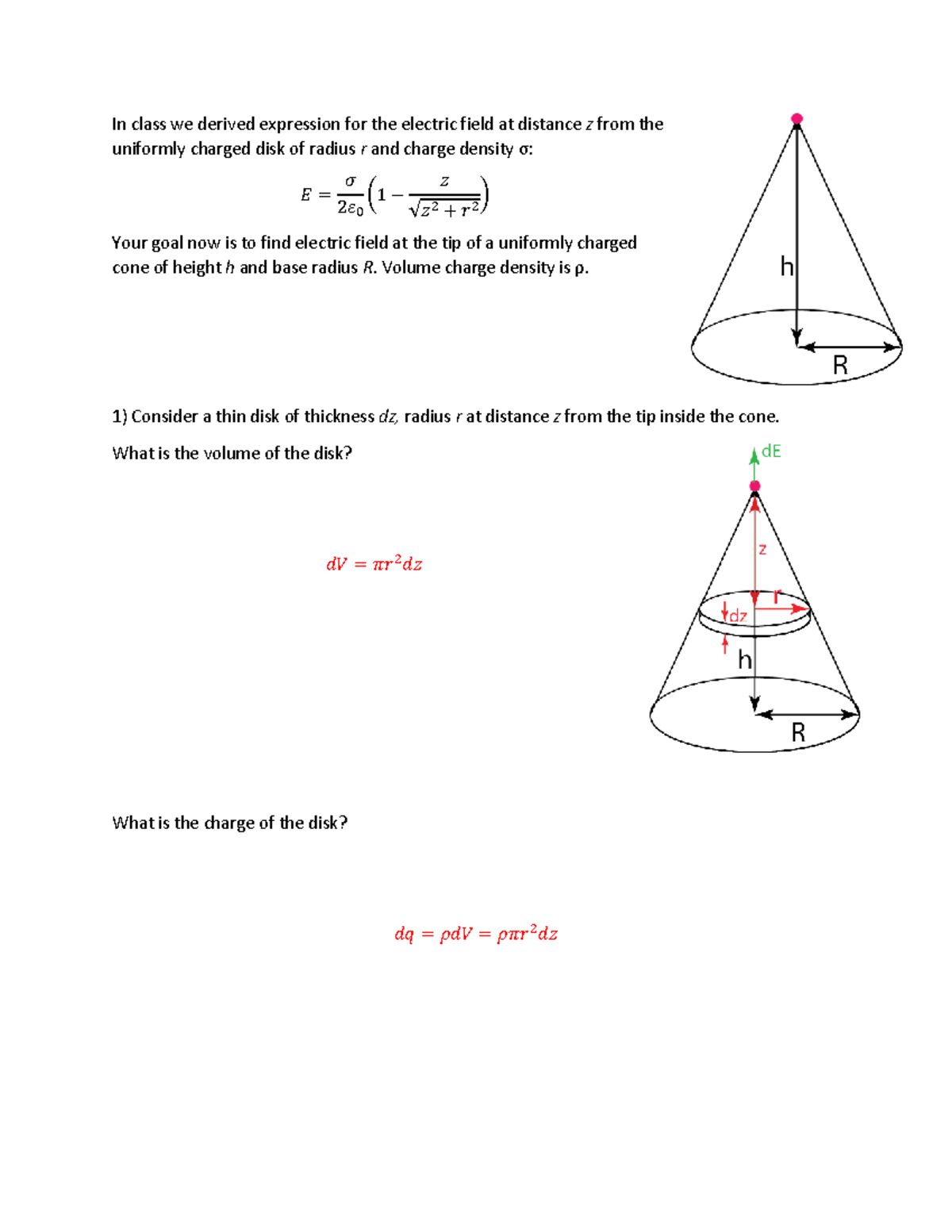 Electric Field Calculation for Charged Cone - R1 Recitation Notes - Studocu