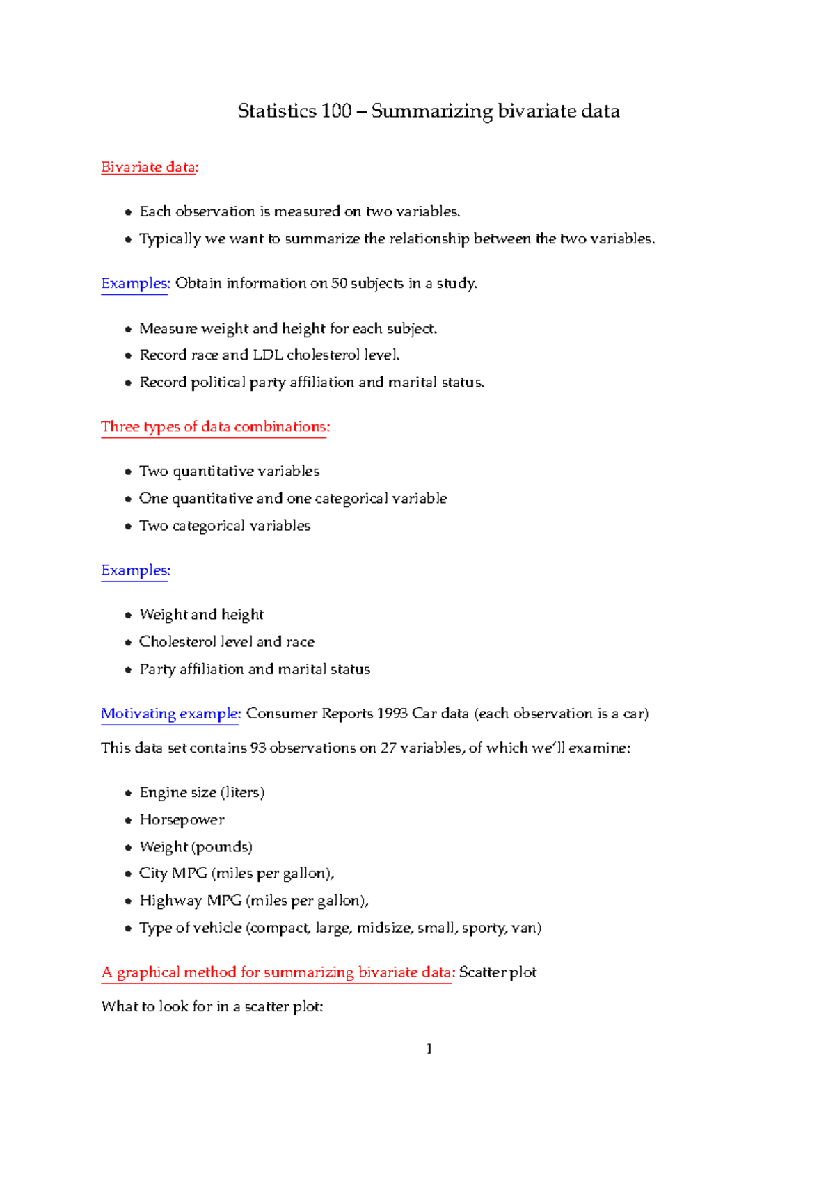 Lecture 2: Summarizing Bivariate Data in STAT 100 - Studocu