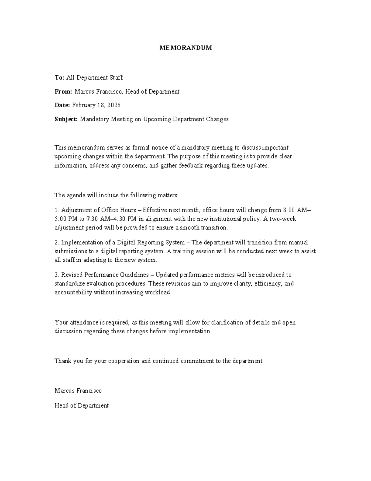 Mandatory Meeting Memo: Upcoming Dept Changes - Studocu