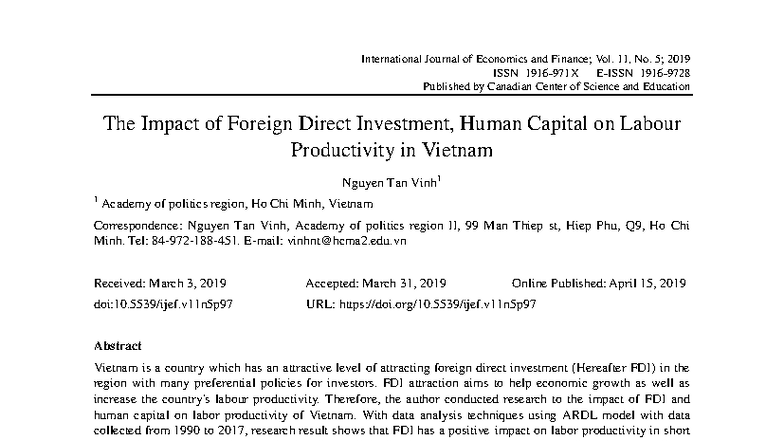 The Impact of FDI and Human Capital on Labor Productivity in Vietnam ...