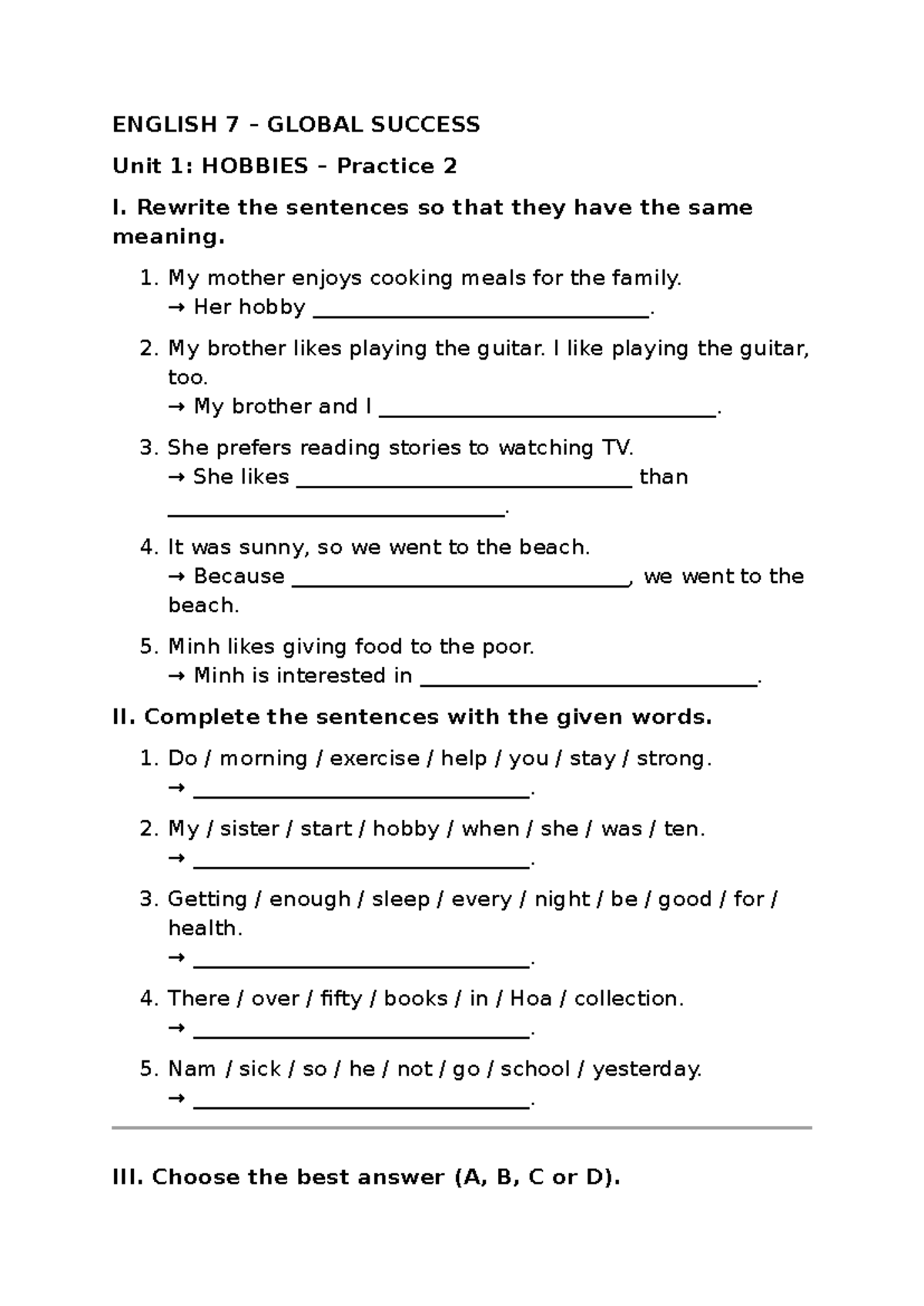 ENGLISH 7 GLOBAL SUCCESS Unit 1: HOBBIES Practice 2 Exercises - Studocu