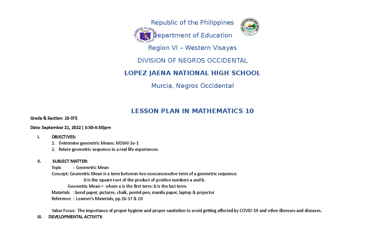 Lesson Plan: Geometric Sequence for Math 10 (10-STE) - Studocu