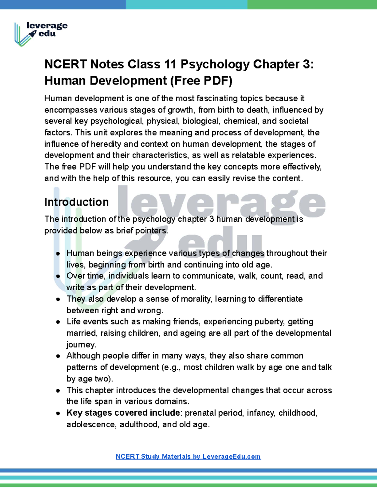 NCERT Notes Class 11 Psychology: Chapter 3 - Human Development Overview ...