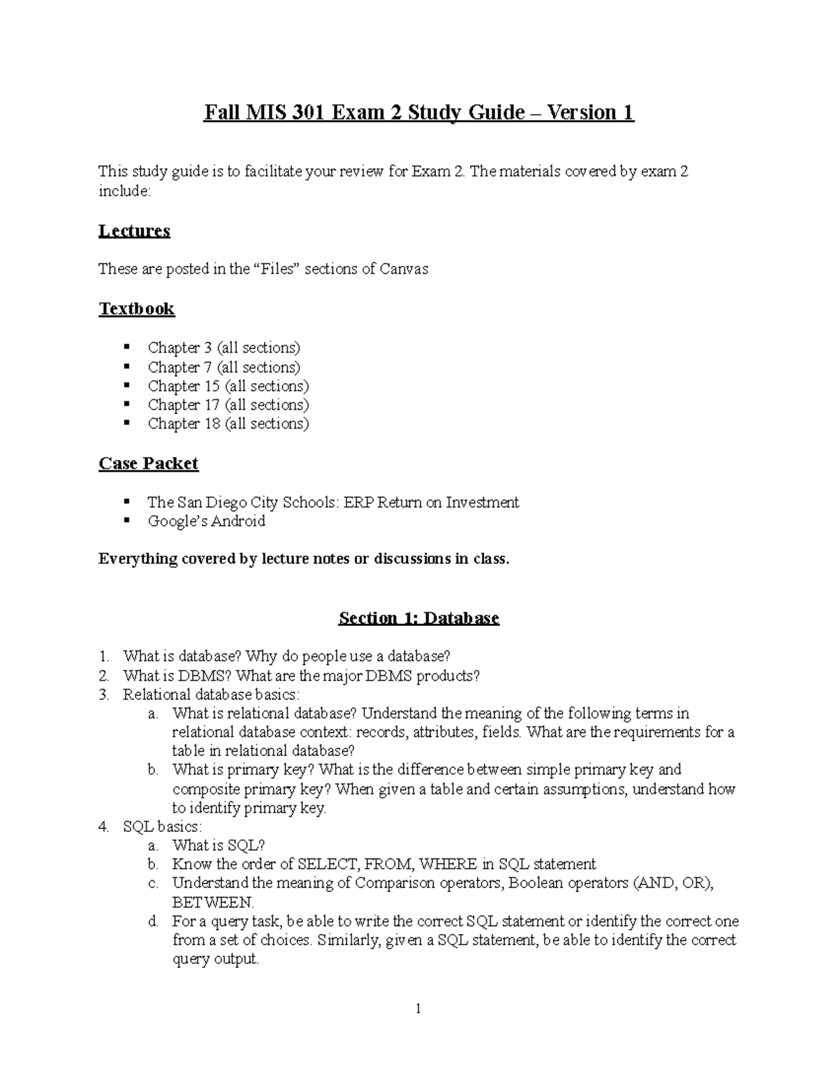 Fall MIS 301 Exam 2 Study Guide - Comprehensive Review V01 - Studocu