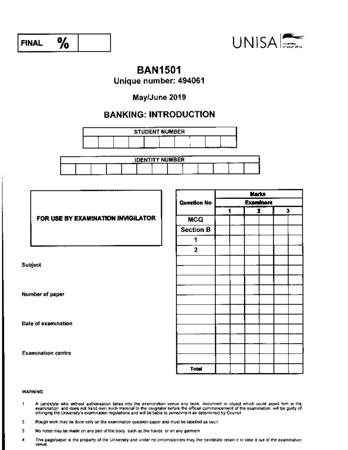 BAN1501 2019 Final Exam: Banking Introduction Question Paper - Studocu