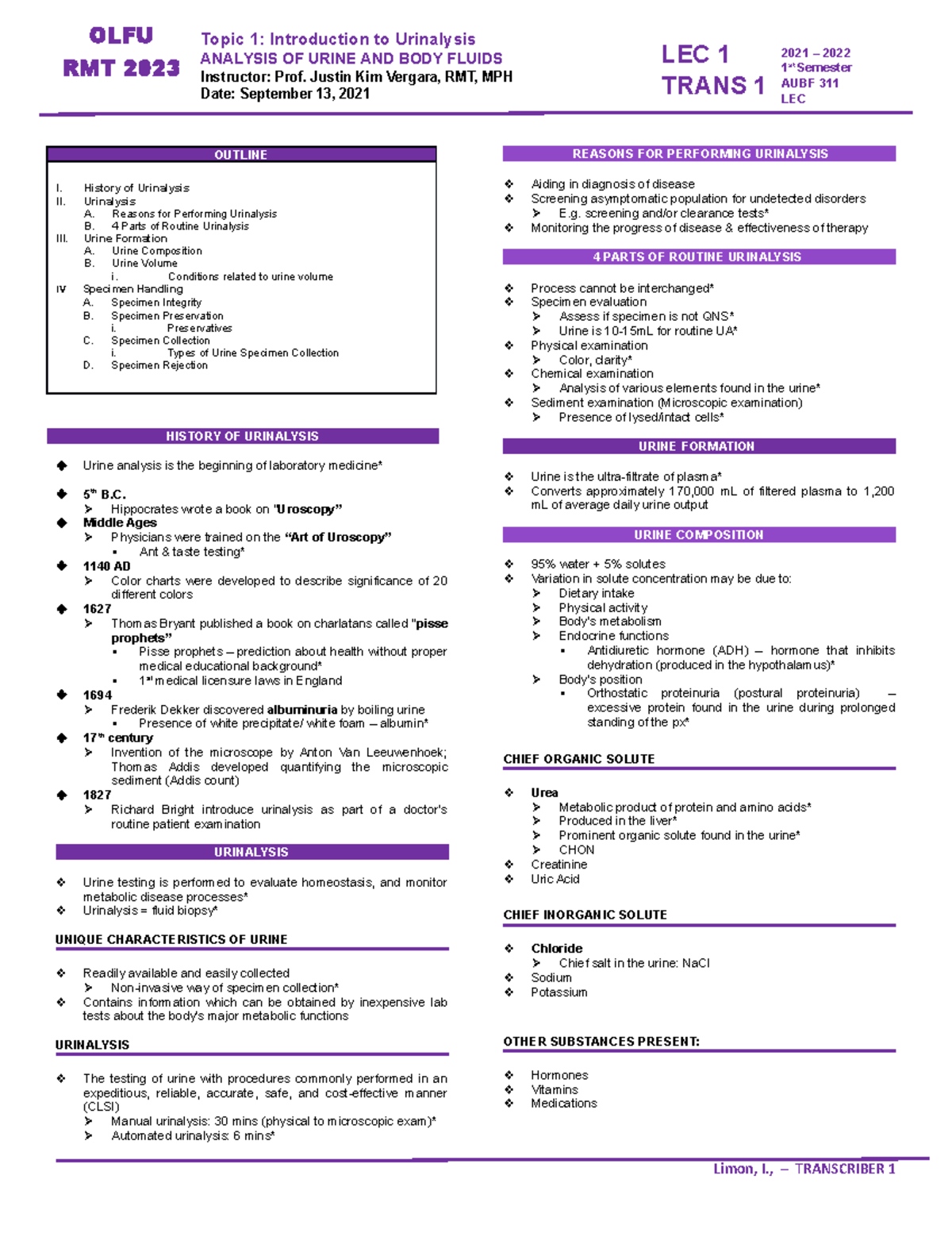 AUB F LEC 1 Trans - Intro to AUBF - OUTLINE I. History of Urinalysis II ...