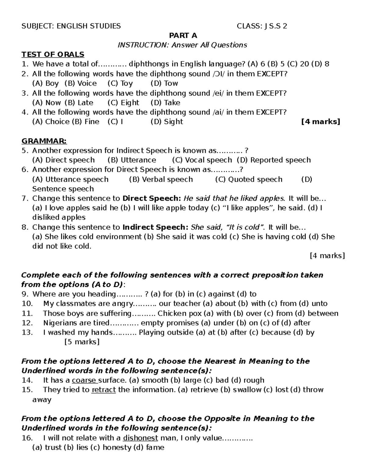 English Studies Practice Questions for J S.S 2 Students - Studocu