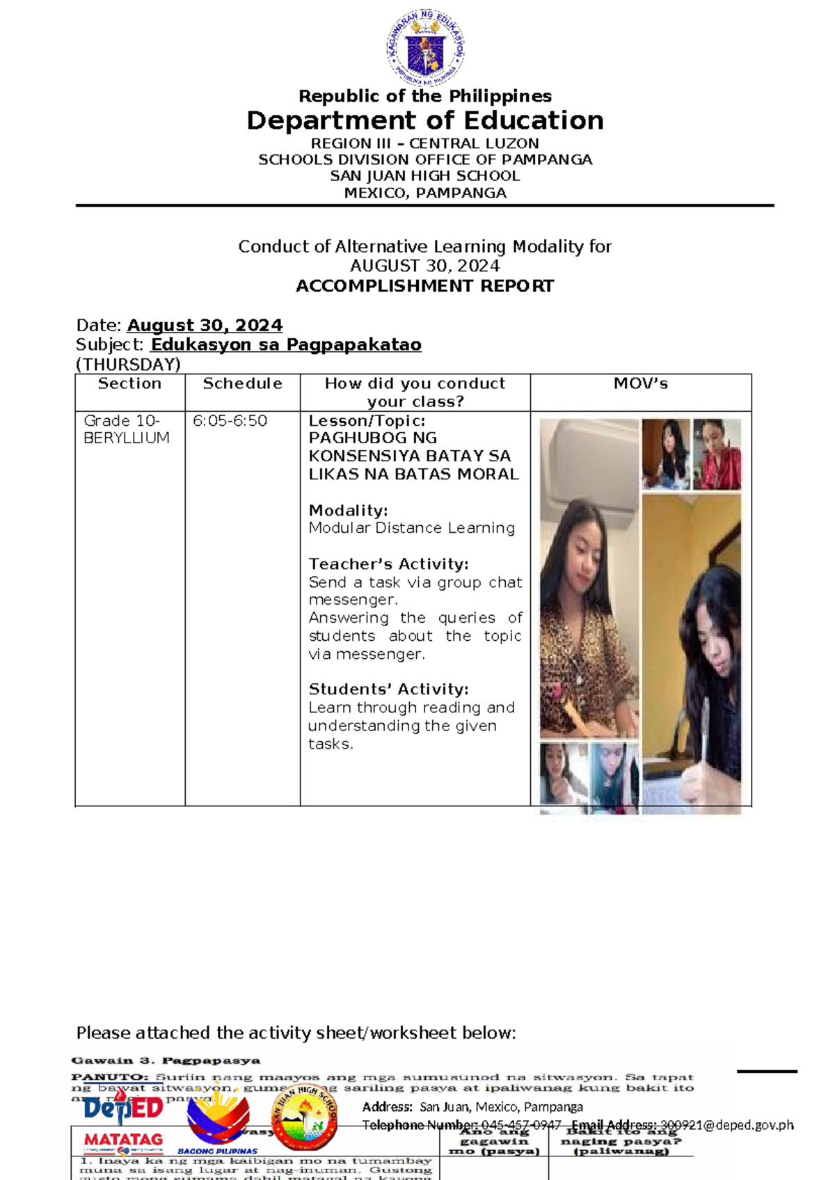 ESP09 - Accomplishment Report for Alternative Learning in Edukasyon sa ...