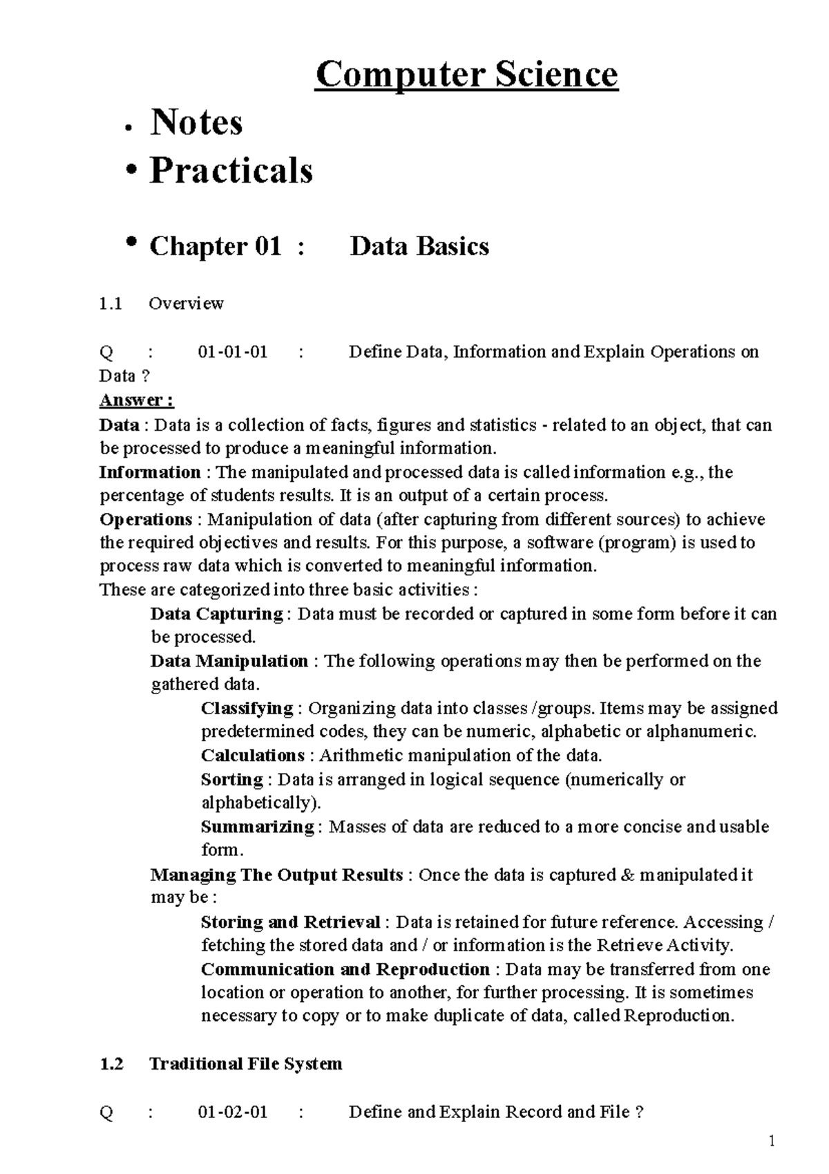 CS 2nd Year Lecture Notes: Data Basics, File System & DBMS Concepts ...