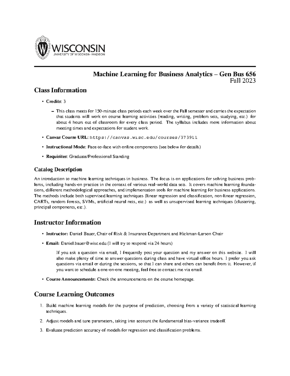 Gen Bus 656 Syllabus: Machine Learning for Business Analytics Fall 2023 ...