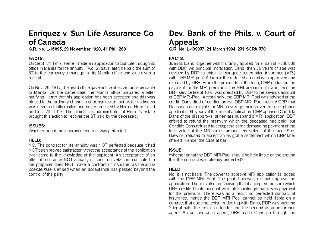 Case Study Notes on Insurance Law: Chapter 2 Analysis - Studocu