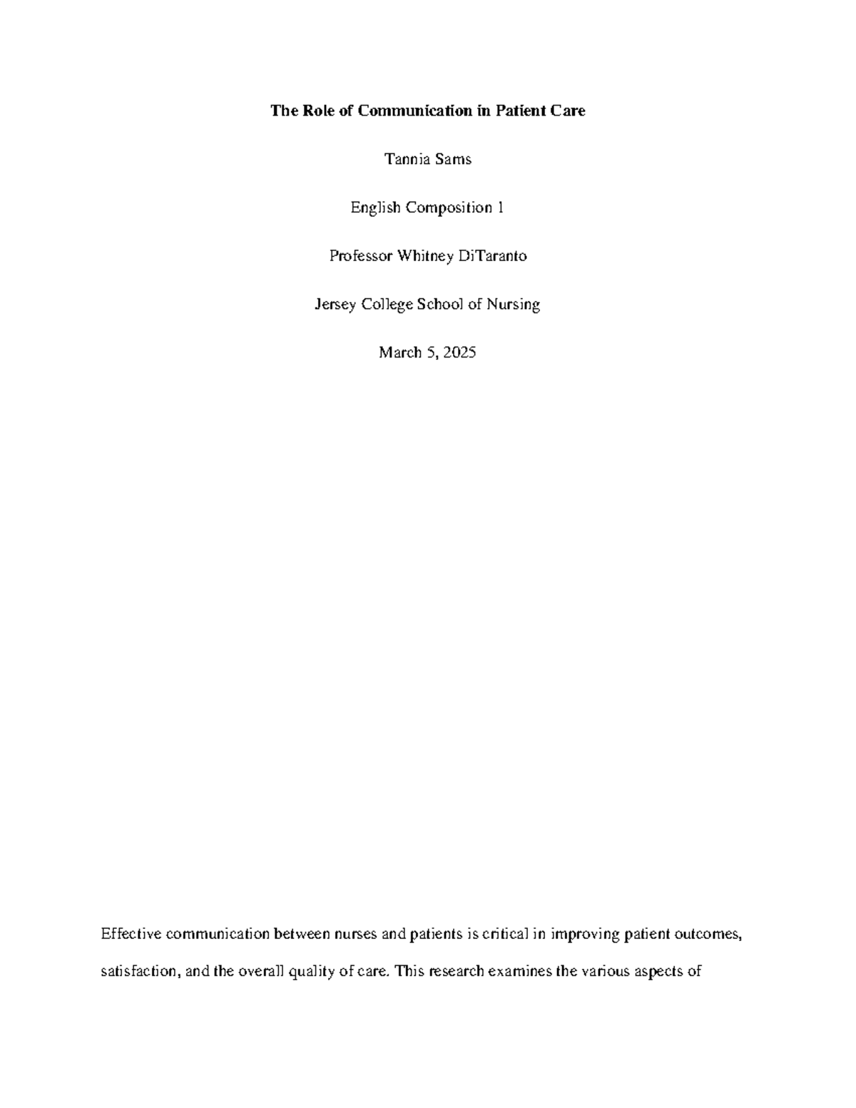 The Role of Communication in Patient Care - This research examines the ...