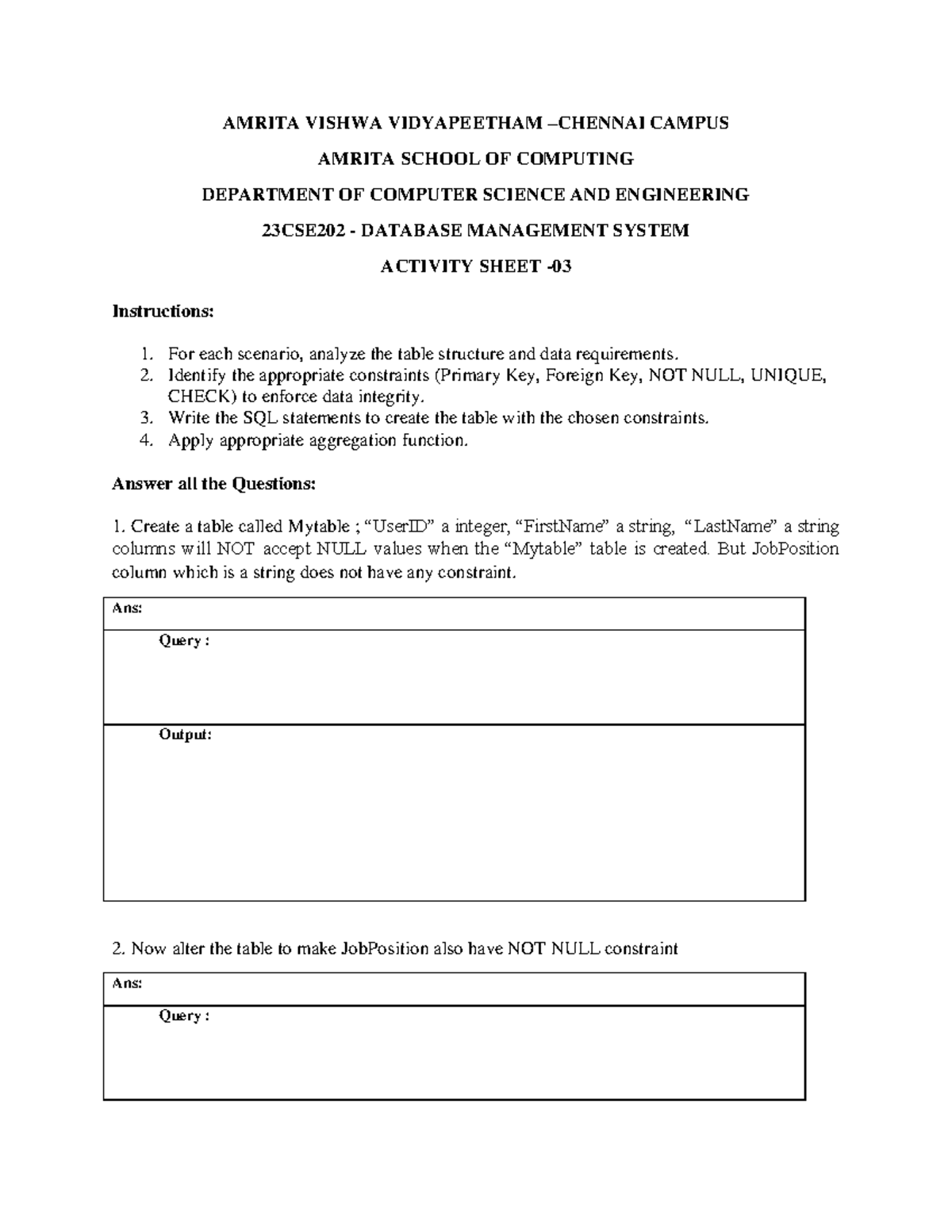 DBMS Activity Sheet 3 - 23CSE202 Database Management System Tasks - Studocu