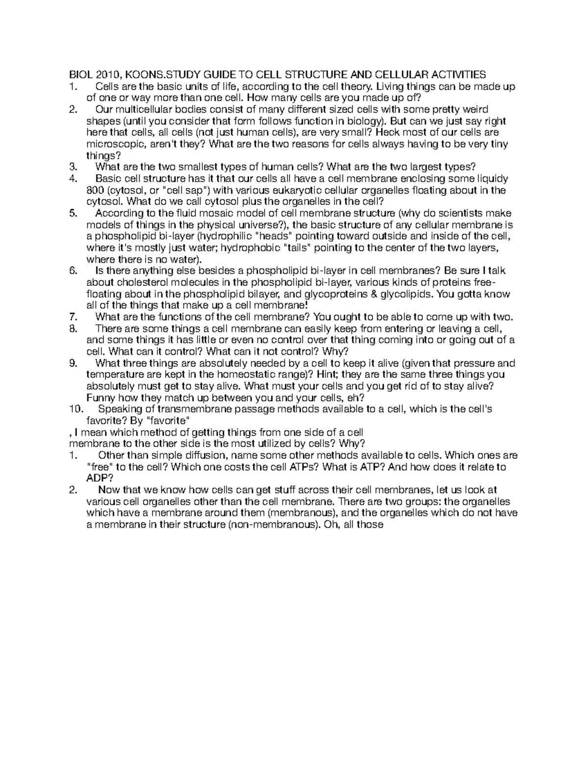 BIOL 2010, KOONS: Comprehensive Study Guide on Cell Structure ...