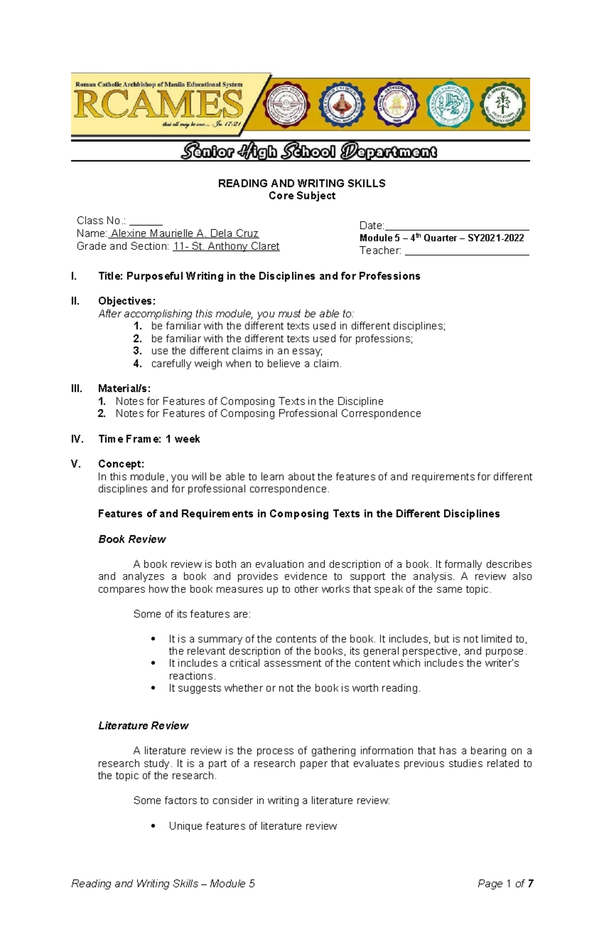 Reading and Writing Skills Module 5: Purposeful Writing in Professions ...