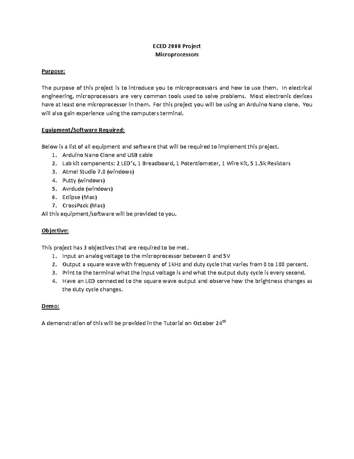 ECED 2000 Project: Introduction to Microprocessors with Arduino - Studocu