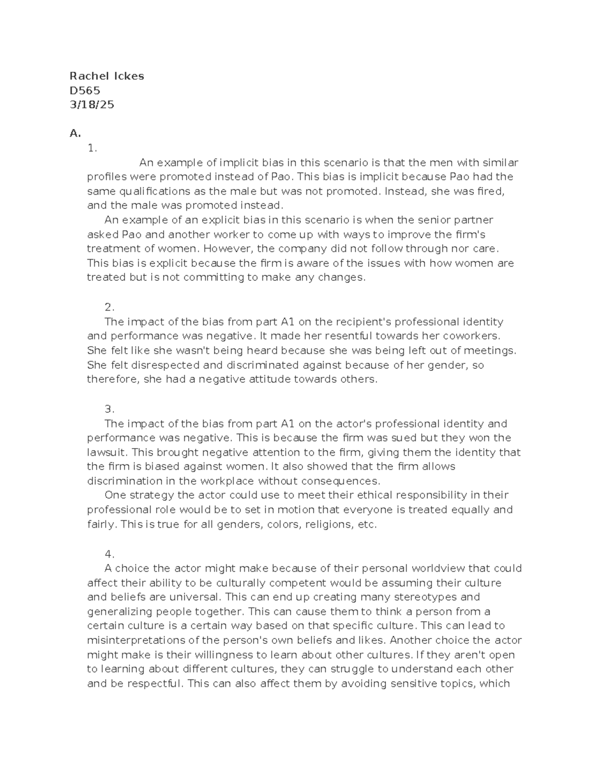 D565 Task 1: Implicit and Explicit Bias in the Workplace - Studocu