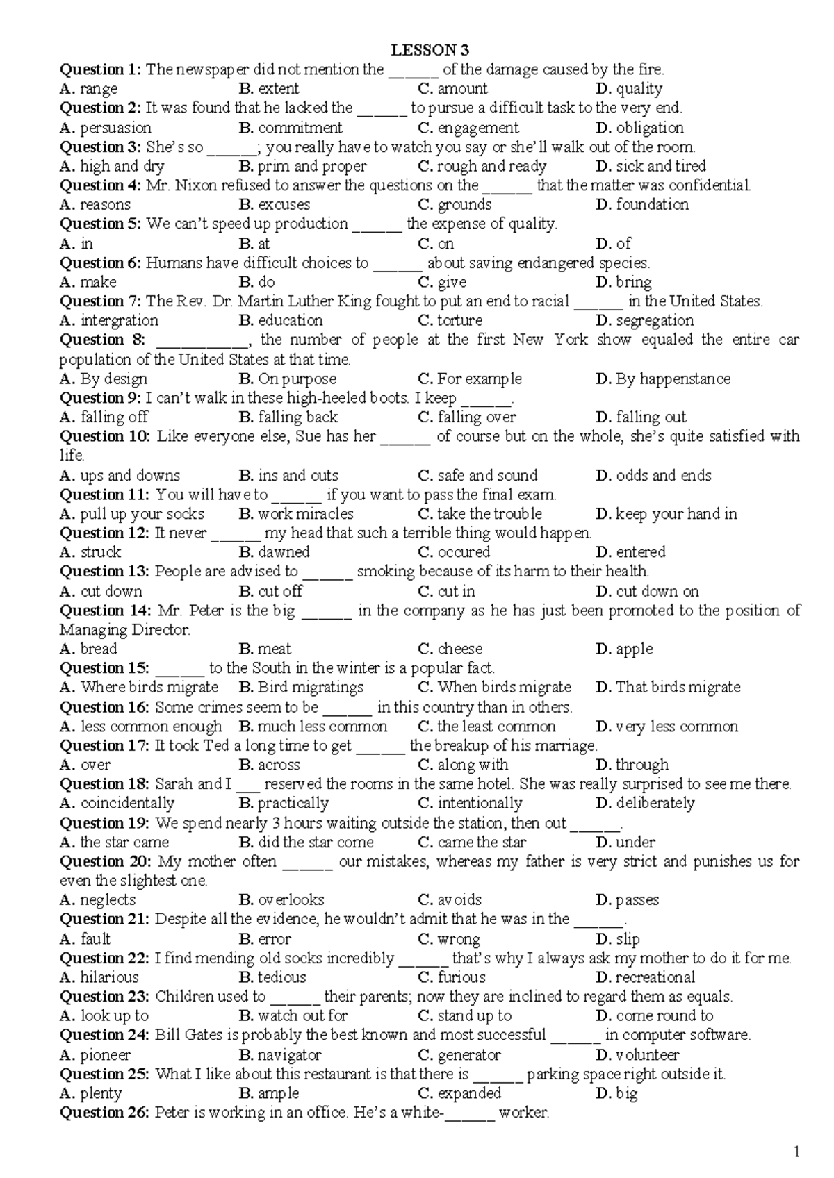 Lesson 3 - Vocabulary and Grammar Exercises - Studocu