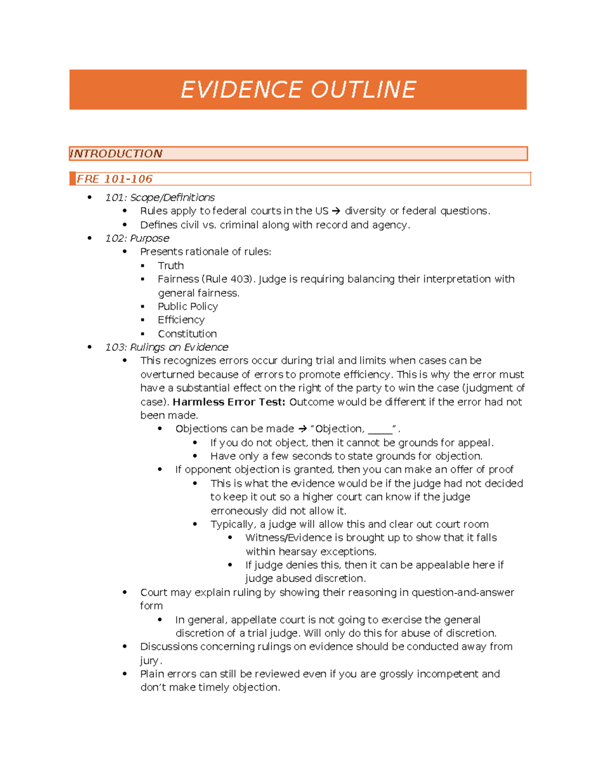 Evidence Outline - Robert Hardaway - EVIDENCE OUTLINE INTRODUCTION FRE ...