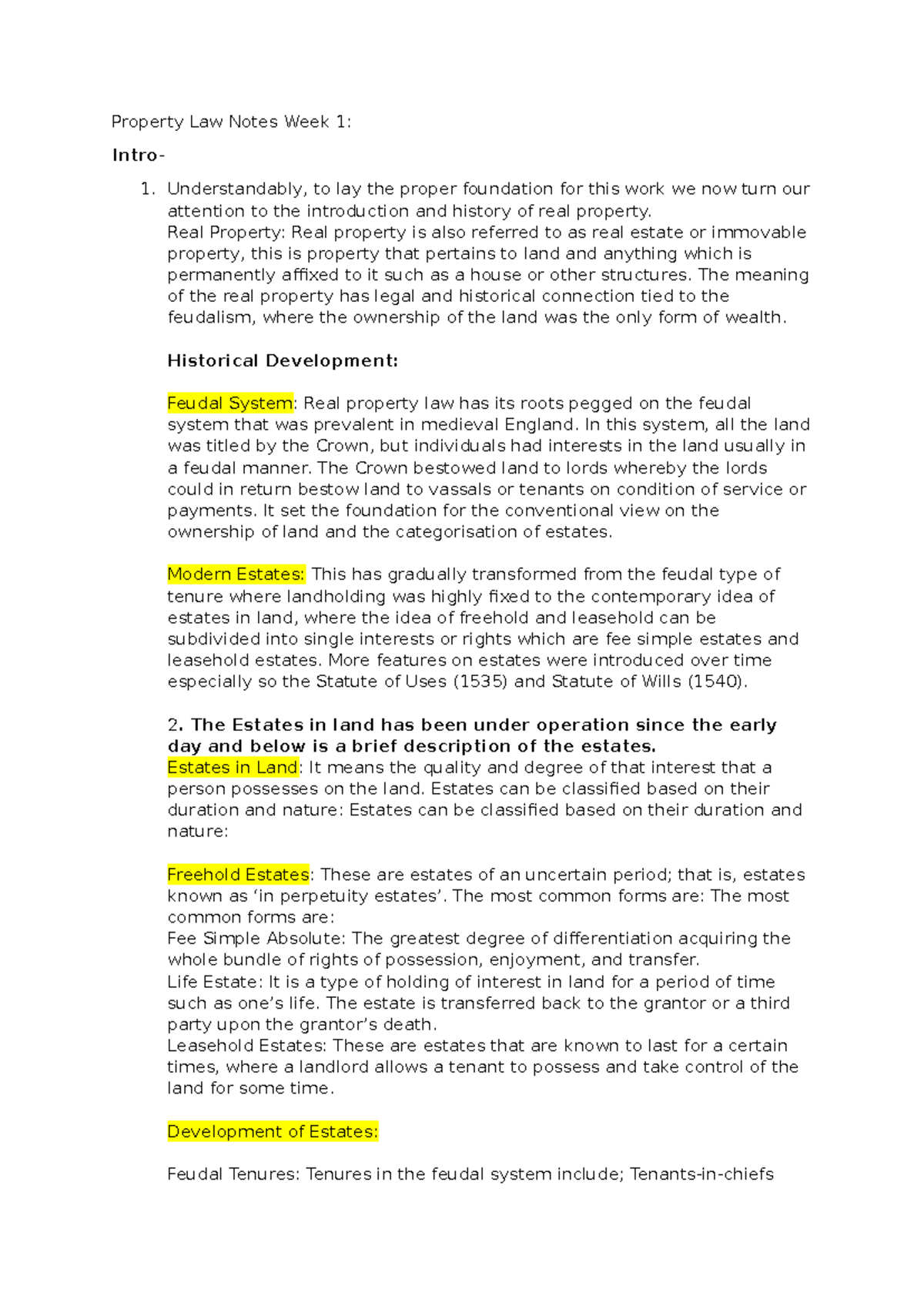 Real Property Law Notes: Foundations and Modern Developments - Studocu