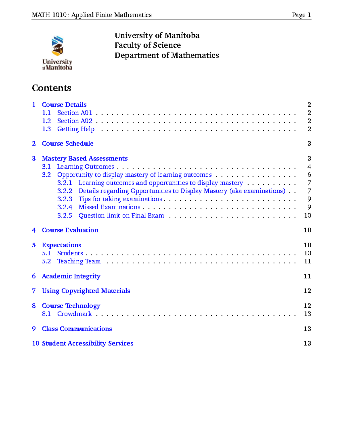 MATH 1010: Applied Finite Mathematics Winter 2026 Syllabus Overview ...