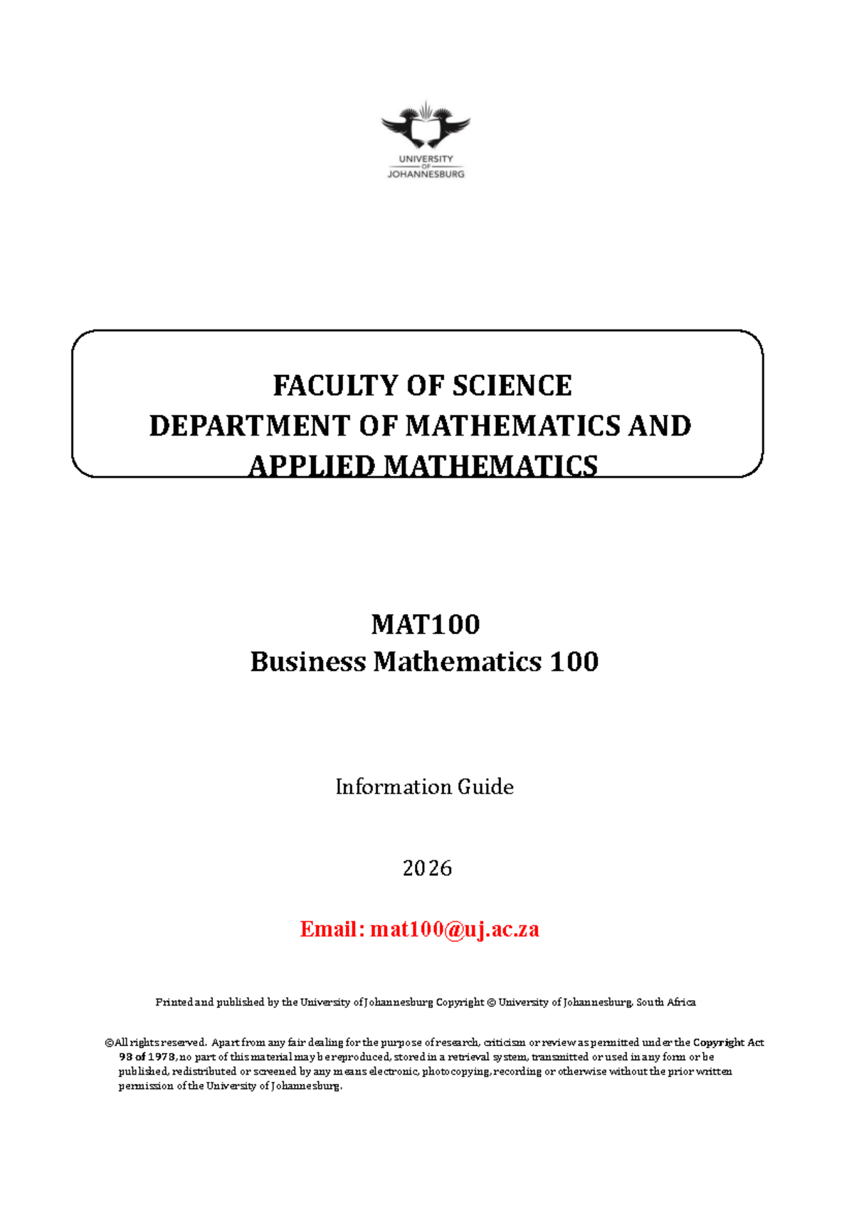 Learning Guide for MAT100: Business Mathematics 100 (2026) - Studocu