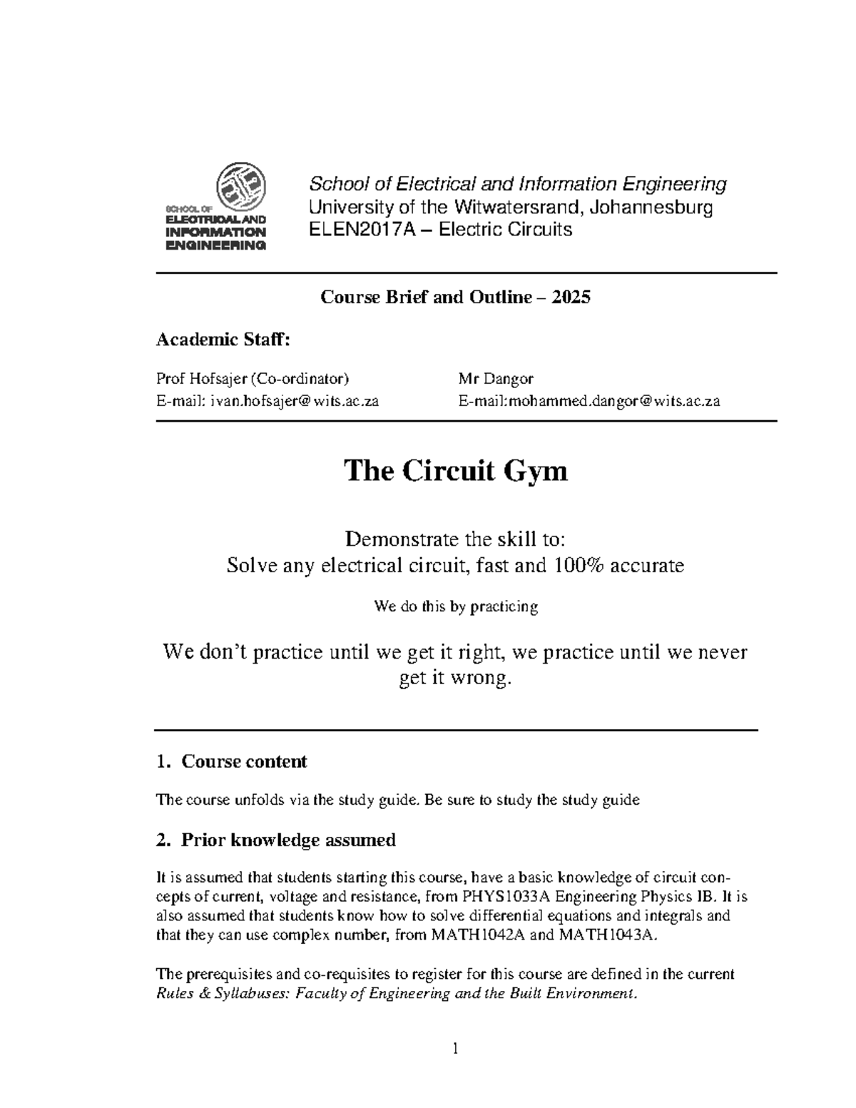 ELEN2017A Electric Circuits Course Brief & Outline 2025 - Studocu