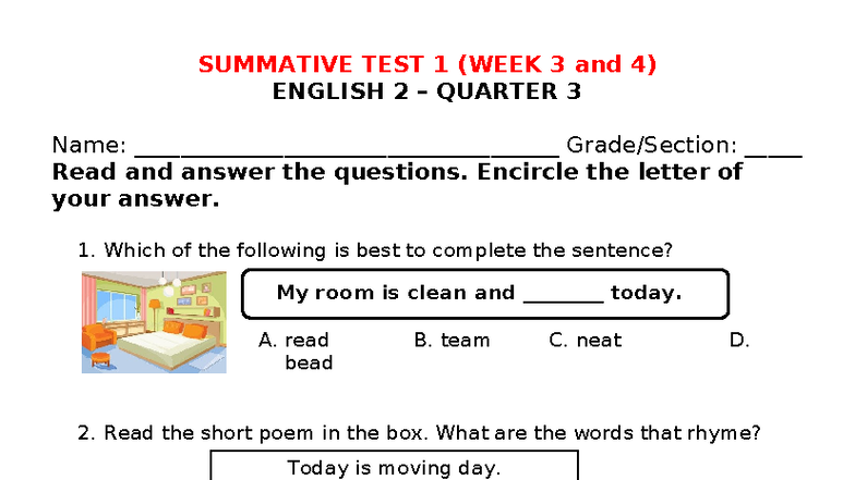 SUMMATIVE TEST 1 (WEEKS 3 & 4) ENGLISH 2 QUARTER 3 - Studocu