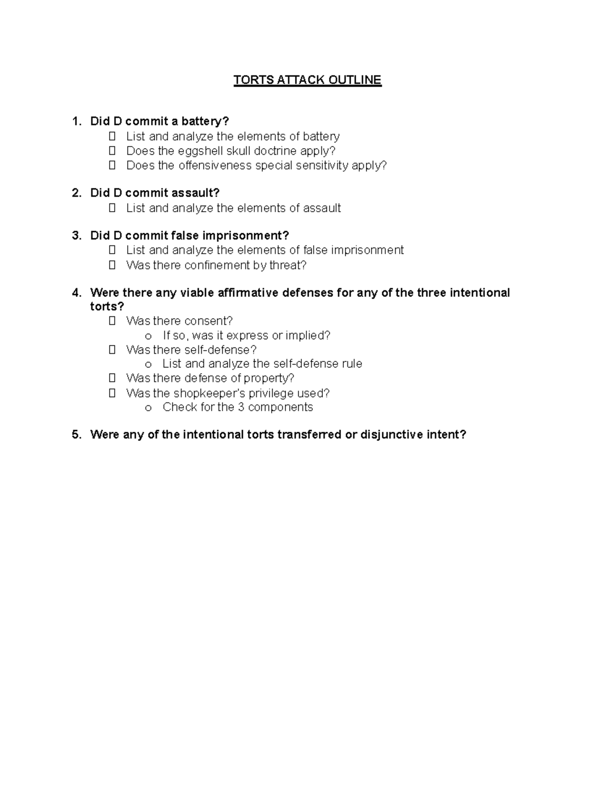Torts Law Final Exam Outline: Key Concepts & Defenses - Studocu