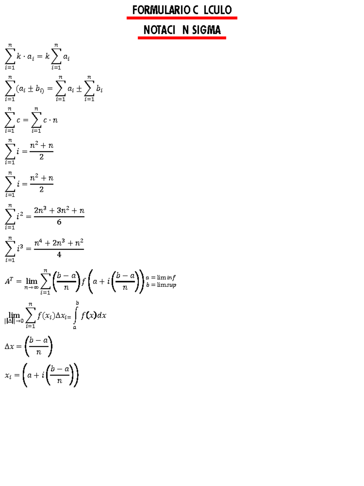 Formulario - Notacion Sigma - FORMULARIO CÁLCULO NOTACIÓN SIGMA ෍ 𝑖= 1 ...