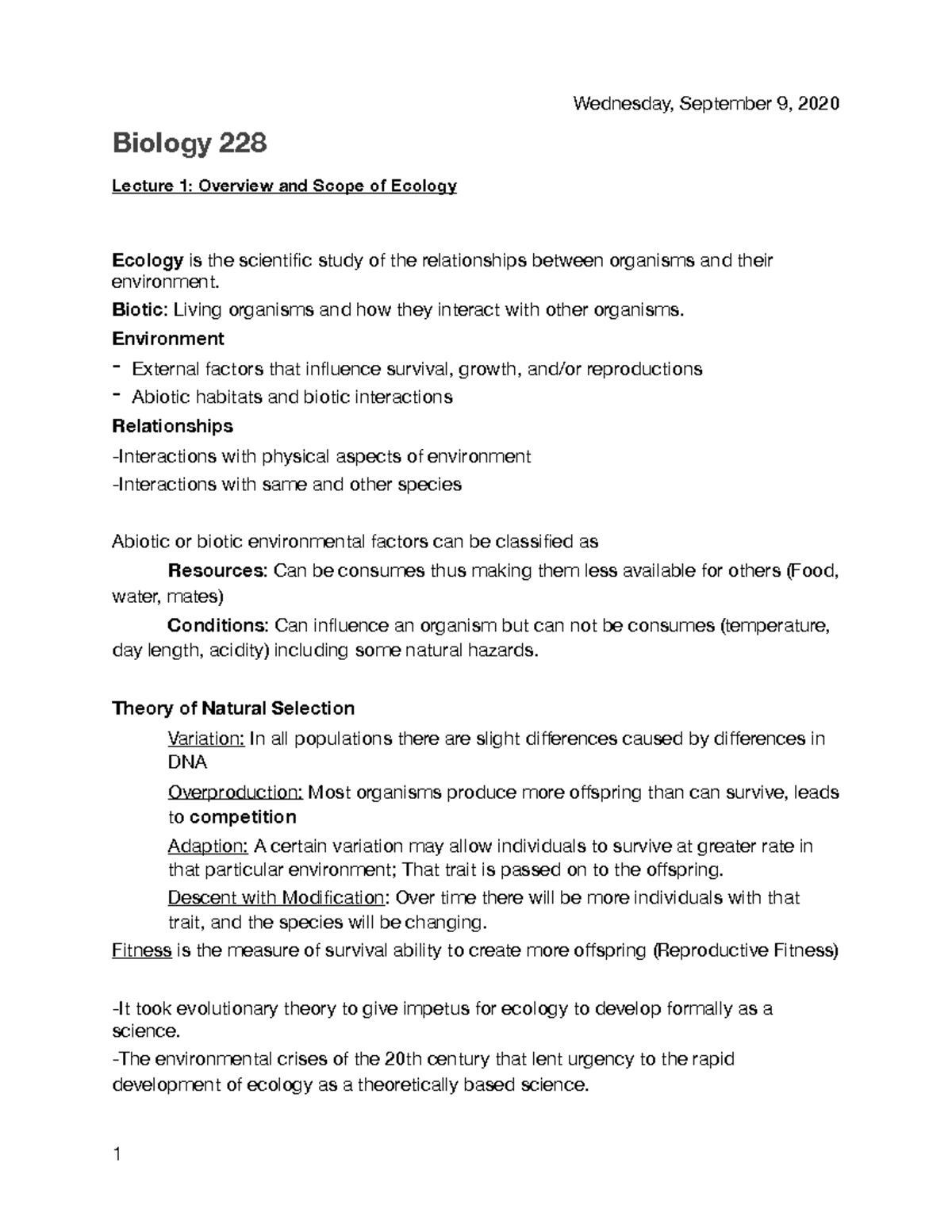 Biology 228 Midterm 1 Notes: Overview of Ecology and Life History - Studocu