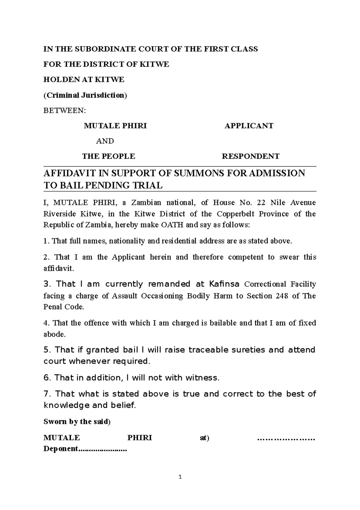 Affidavit in Support of Bail Application - Criminal Case Kitwe - Studocu
