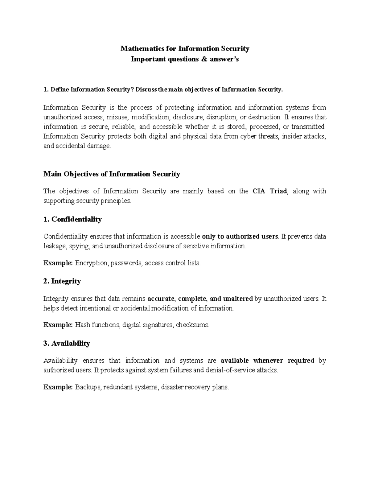 Mathematics for Information Security: Key Concepts and Important ...