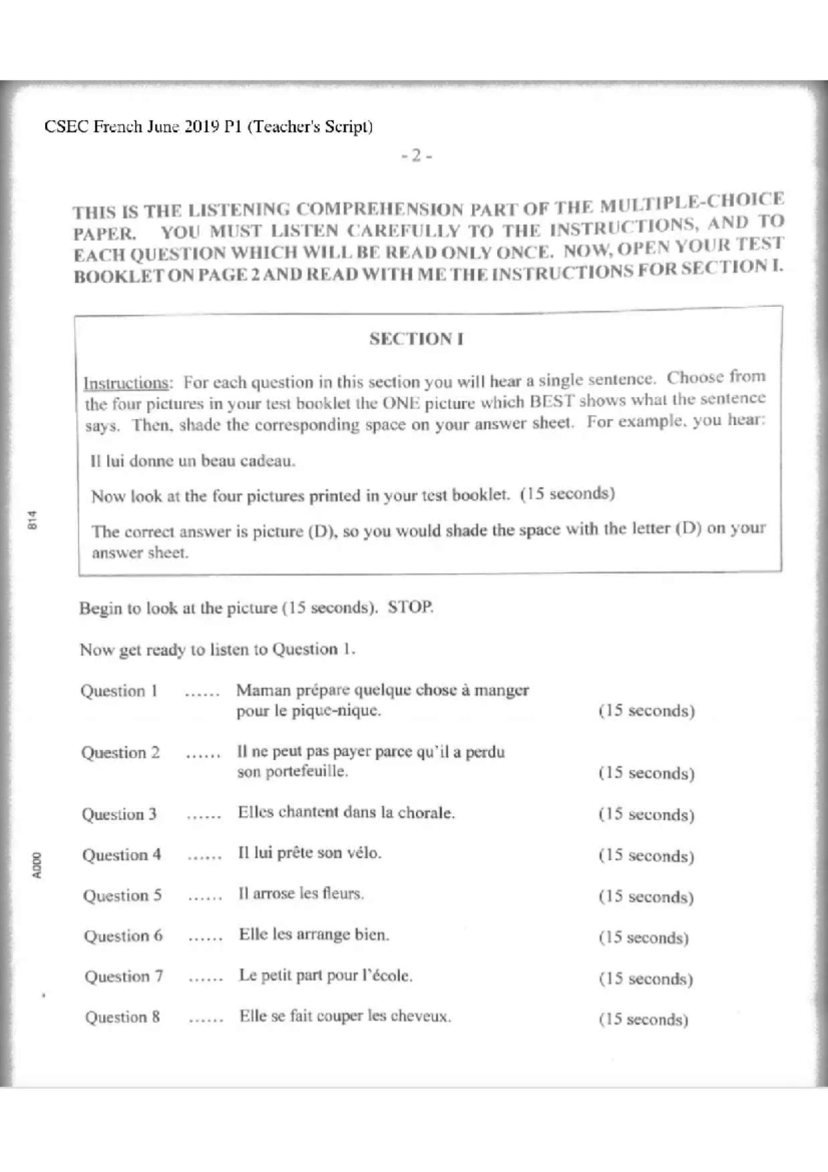 CSEC French June 2019 P1 Listening Comprehension Teacher's Script - Studocu