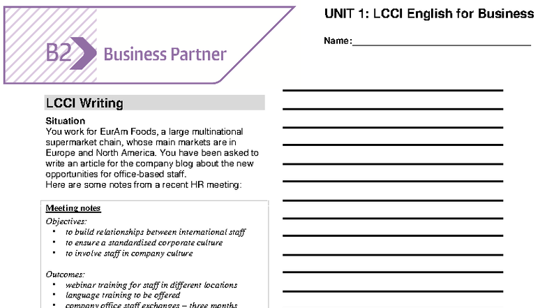 BP B2 Tests Unit 1: LCCI Writing Practice on Staff Opportunities - Studocu