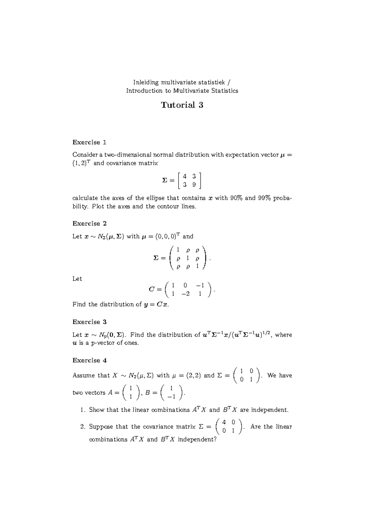 Tutorial 3: Exercises on Multivariate Statistics (Course Code: MSTAT101 ...