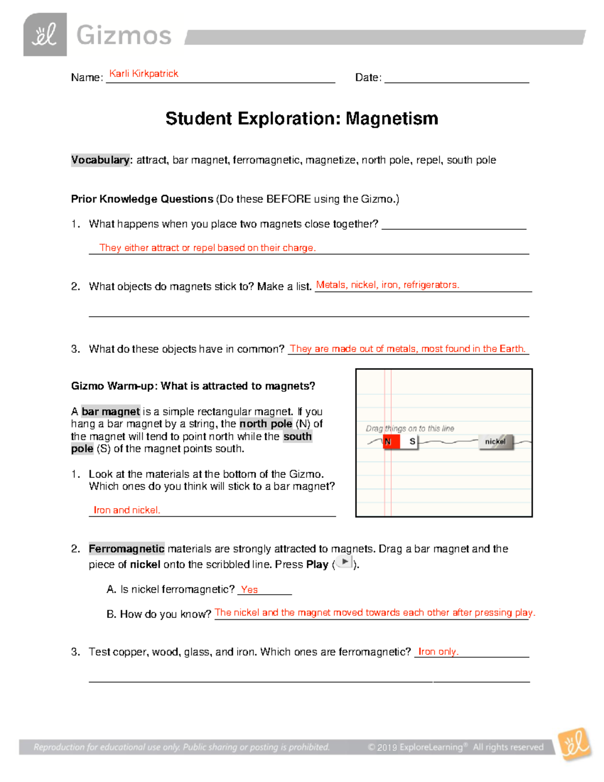 Magnetism PHY 101 - GIZMOS Lab - Name ...