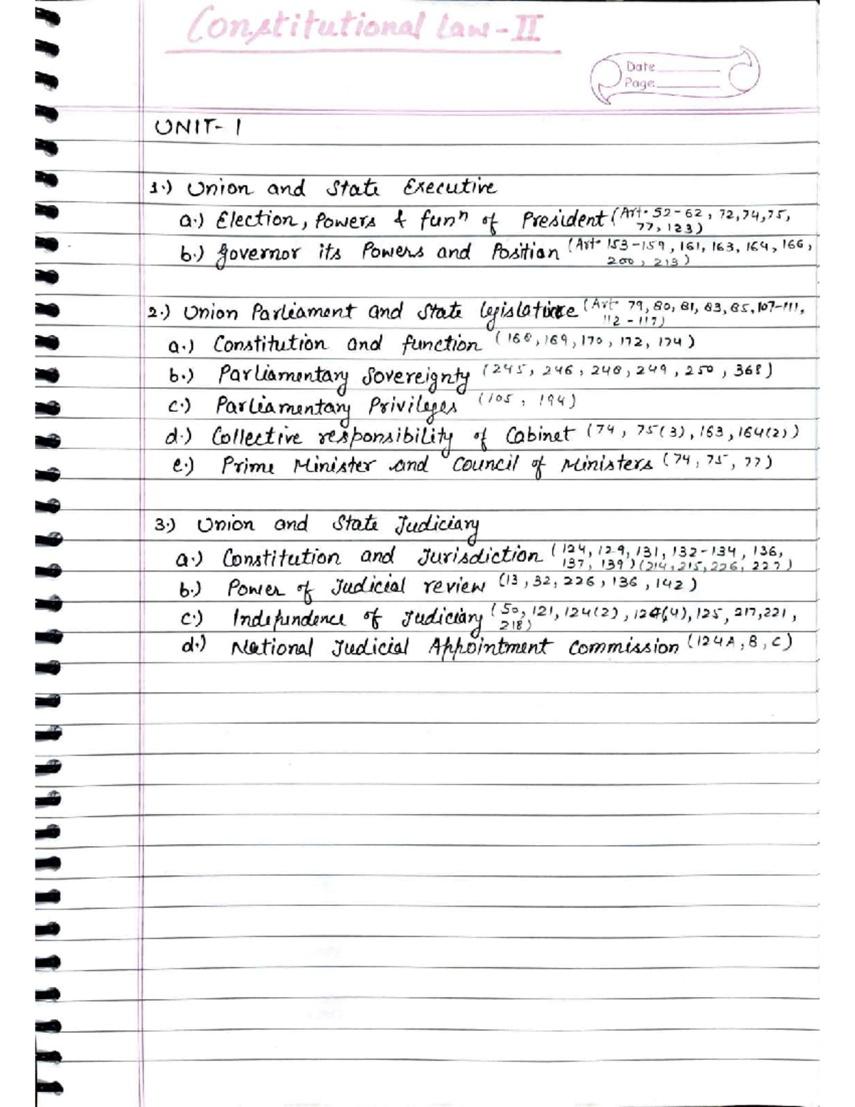 Constitutional Law II: Union Executive Overview and Key Articles - Studocu